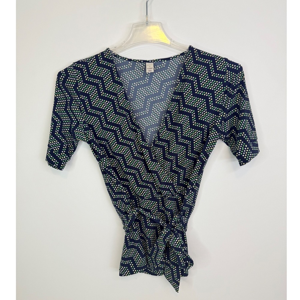 Merona Wrap Blouse Women's Medium Y2K Dot‎ Print Tie Waist Stretch Navy